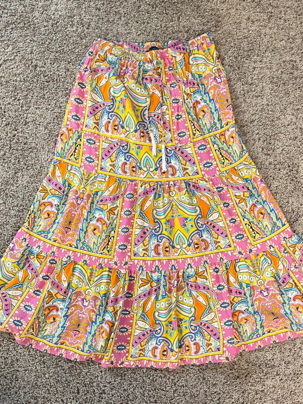 Rachel Zoe Boho Paisley Midi Skirt Medium Festival Tiered Flowy Drawstring Beach
